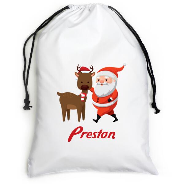 Cute Santa and reindeer - Large White Canvas Santa Sack Thumbnail